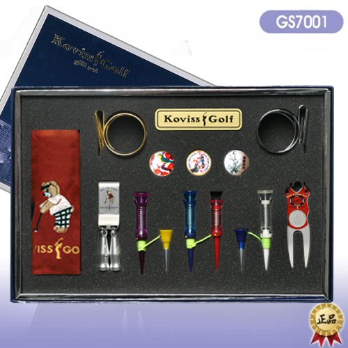 GS7001 Koviss Golf VS TEE golfer gift set with important golf accessories,VS TEE predefined tee-up heights Drivers Woods, original spring loaded performance VS TEE,xS Par3 TEE iron shots, golfball marker powerful magnetic shoe cap clip, stainless steel Divot Tool golf ball holder golftee holder