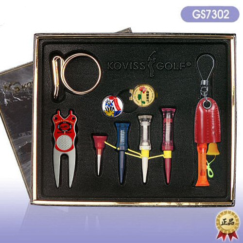 GS7302 Koviss Golf VS TEE golfer gift set, important golf accessories, VS TEE predefined tee-up heights Drivers Woods Hybryds, spring loaded performance VS TEEs, xS Par3 TEE iron shots, stainless steel Divot Tool, golfball markers powerful magnetic shoe cap clip, golf ball holder, golftee holder leather