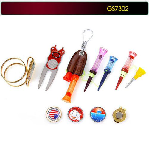 GS7302 Koviss Golf VS TEE golfer gift set, important golf accessories, VS TEE predefined tee-up heights Drivers Woods Hybryds, spring loaded performance VS TEEs, xS Par3 TEE iron shots, stainless steel Divot Tool, golfball markers powerful magnetic shoe cap clip, stainless steel golf ball holder, golftee holder leather