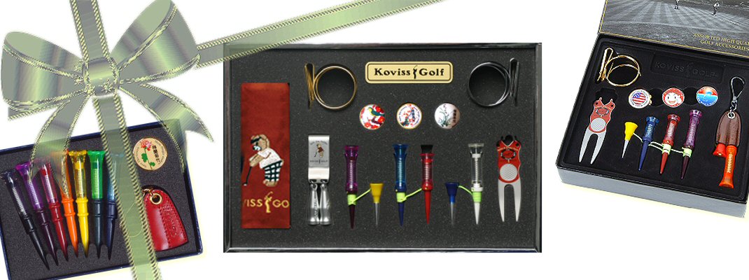 Koviss Golf VS TEE golfer gift set, important golf accessories, VS TEE predefined tee-up heights Drivers Woods, original spring loaded performance VS TEEs, xS Par3 TEE iron shots, stainless steel Divot Tool, golfball marker powerful magnetic shoe cap clip, stainless steel golf ball holder, golftee holder stainless steel leather